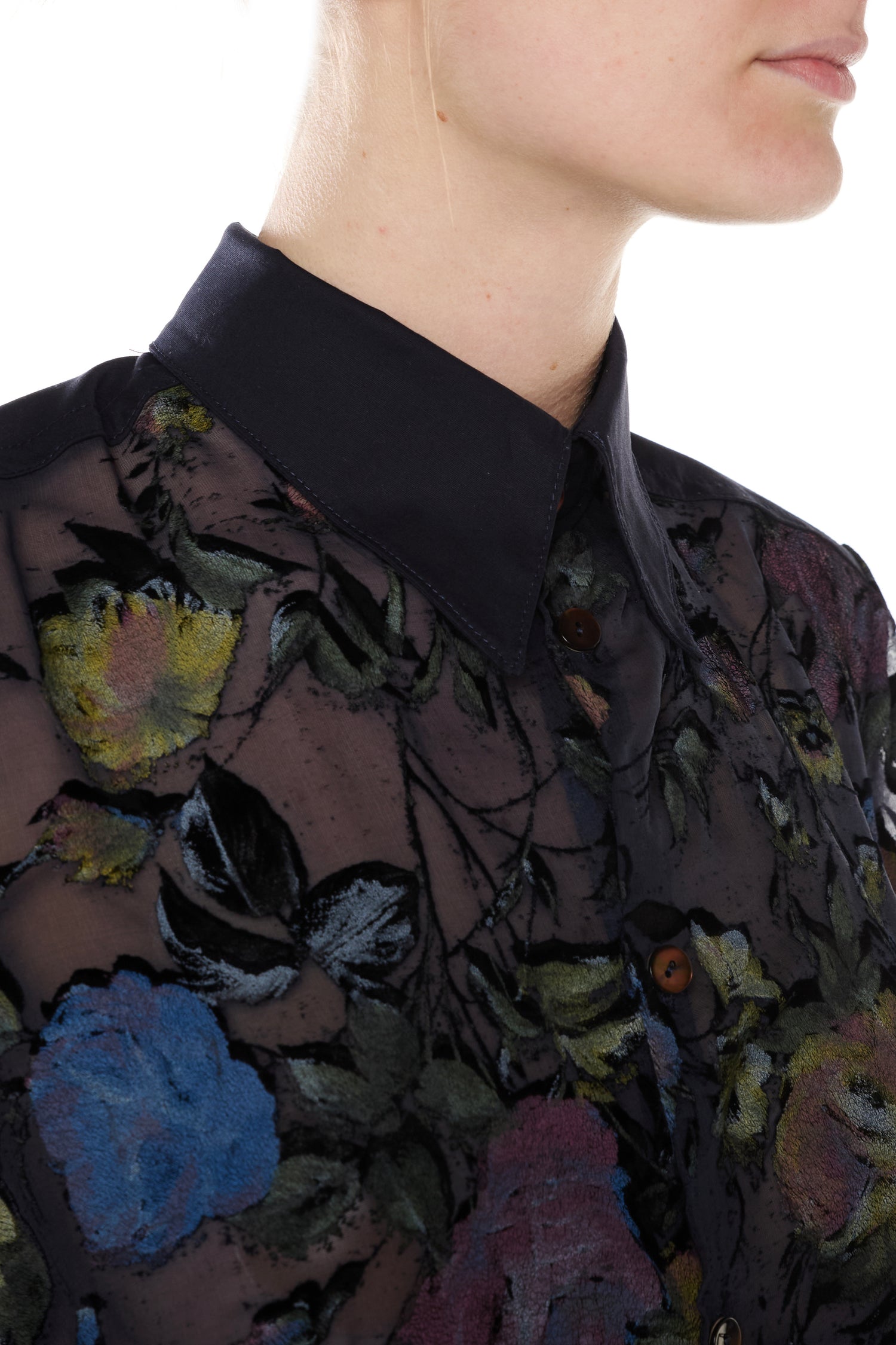 CAMICIA IN VELLUTO DEVORÉ DI SETA BLU E COTONE