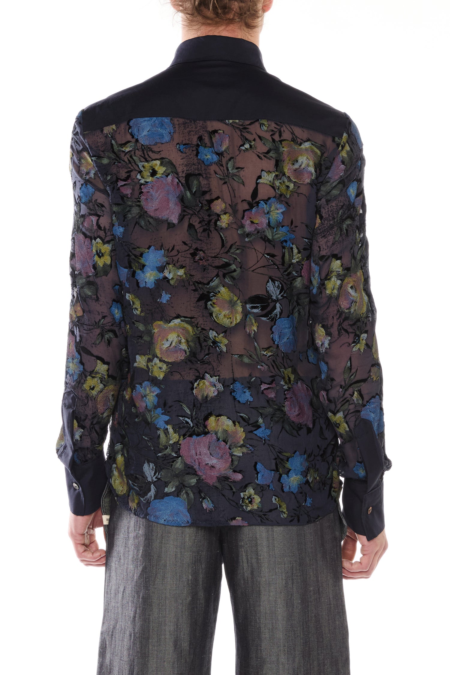 CAMICIA IN VELLUTO DEVORÉ DI SETA BLU E COTONE