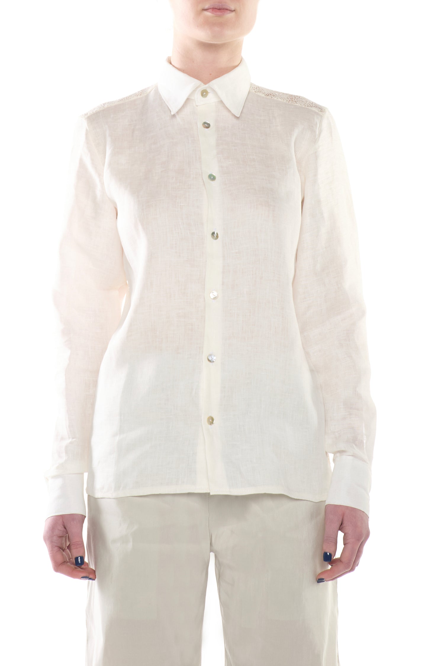 Camicia in Lino Burro con Retro in Pizzo a Rete Geometrica