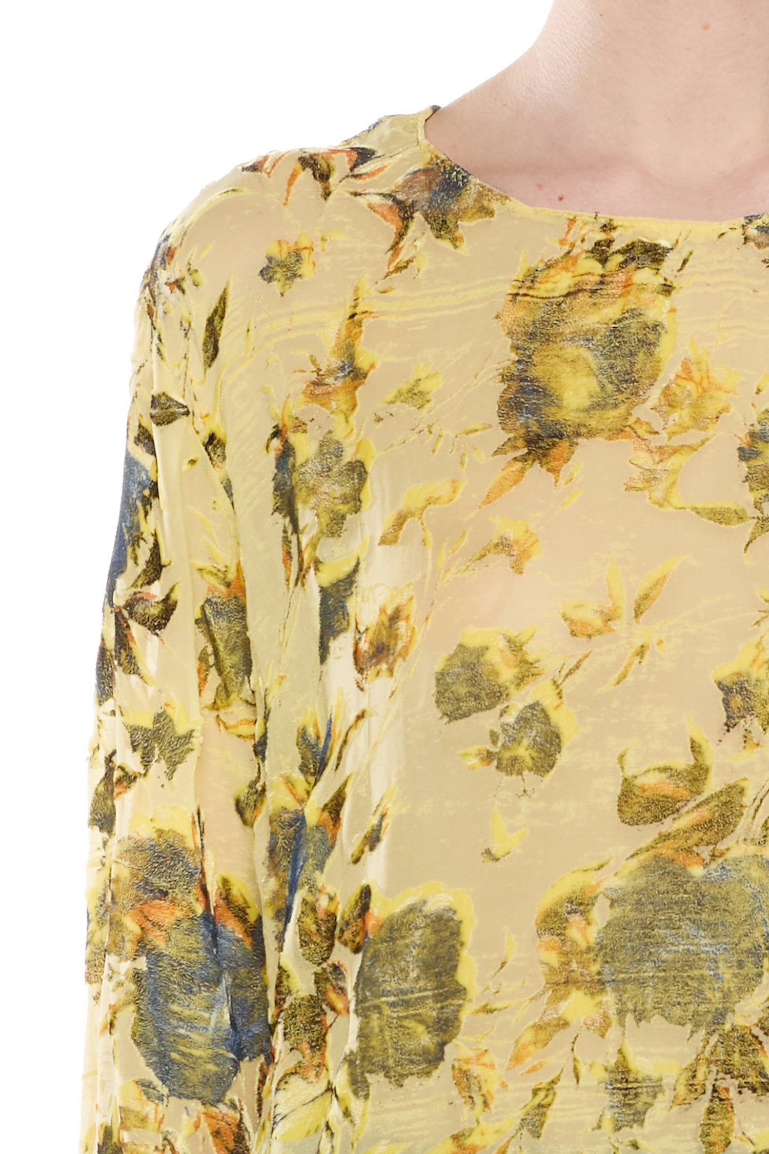MAGLIA A MANICHE LUNGHE IN VELLUTO DEVORÉ DI SETA GIALLA