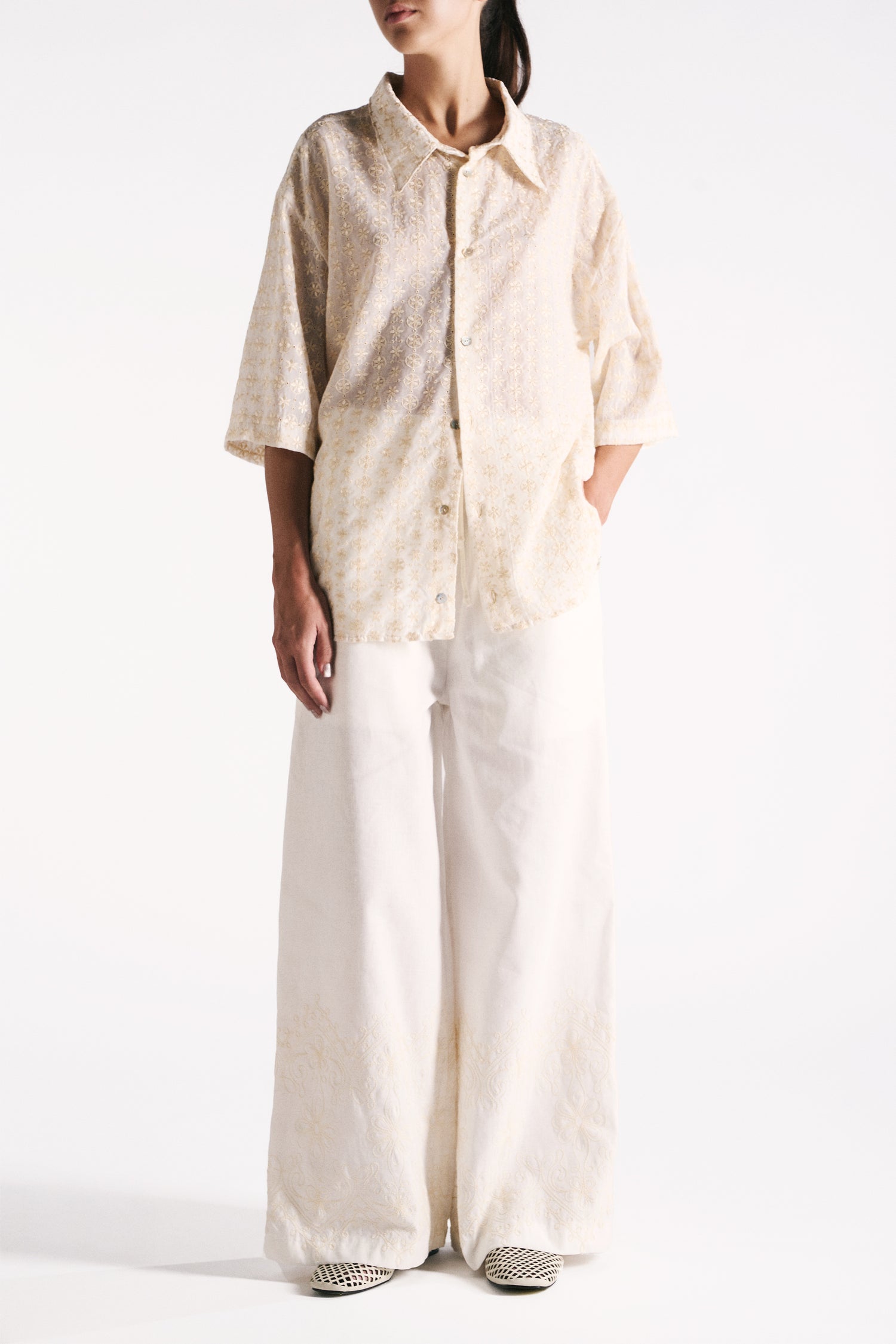 PANTALONE WIDE LEG LINO COTONE BURRO CON RICAMO