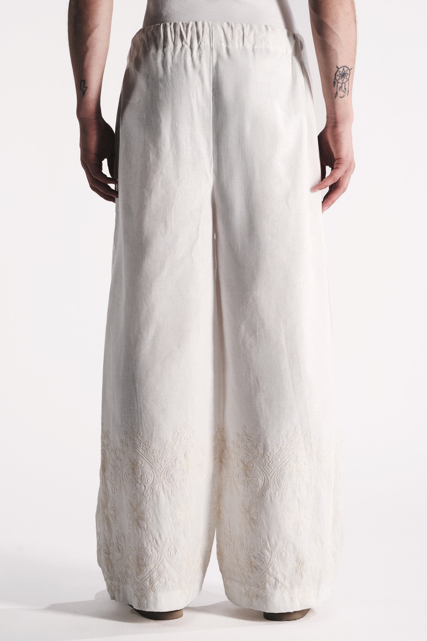 PANTALONE WIDE LEG LINO COTONE BURRO CON RICAMO