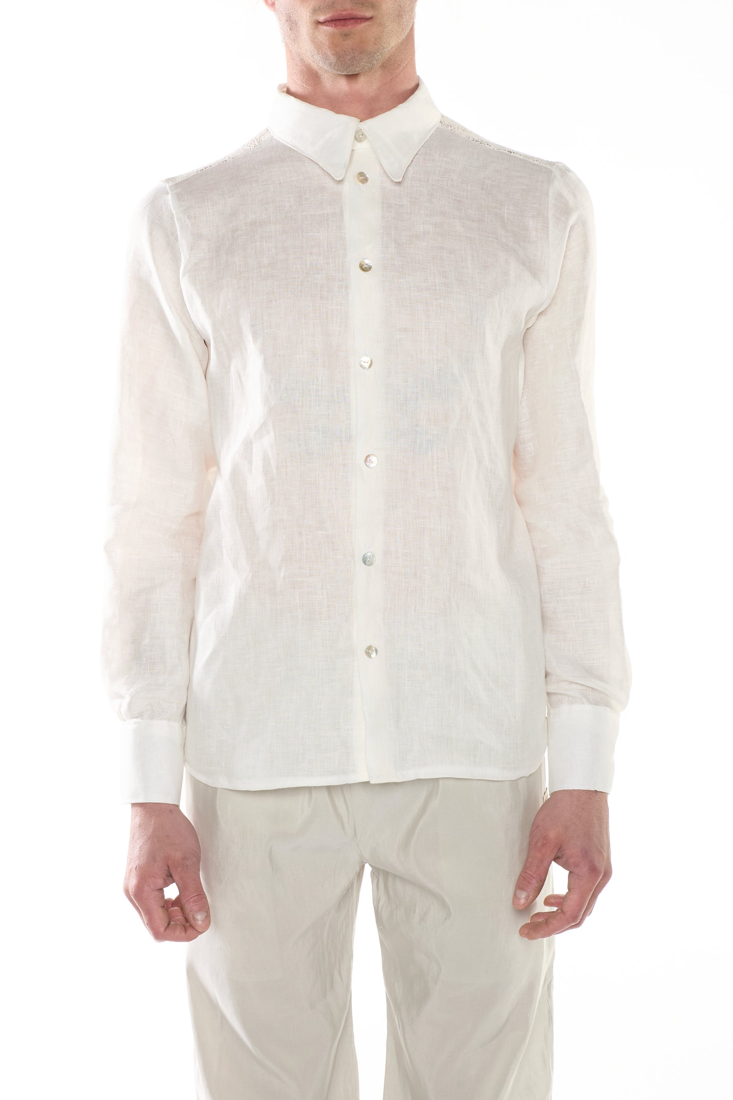 Camicia in Lino Burro con Retro in Pizzo a Rete Geometrica