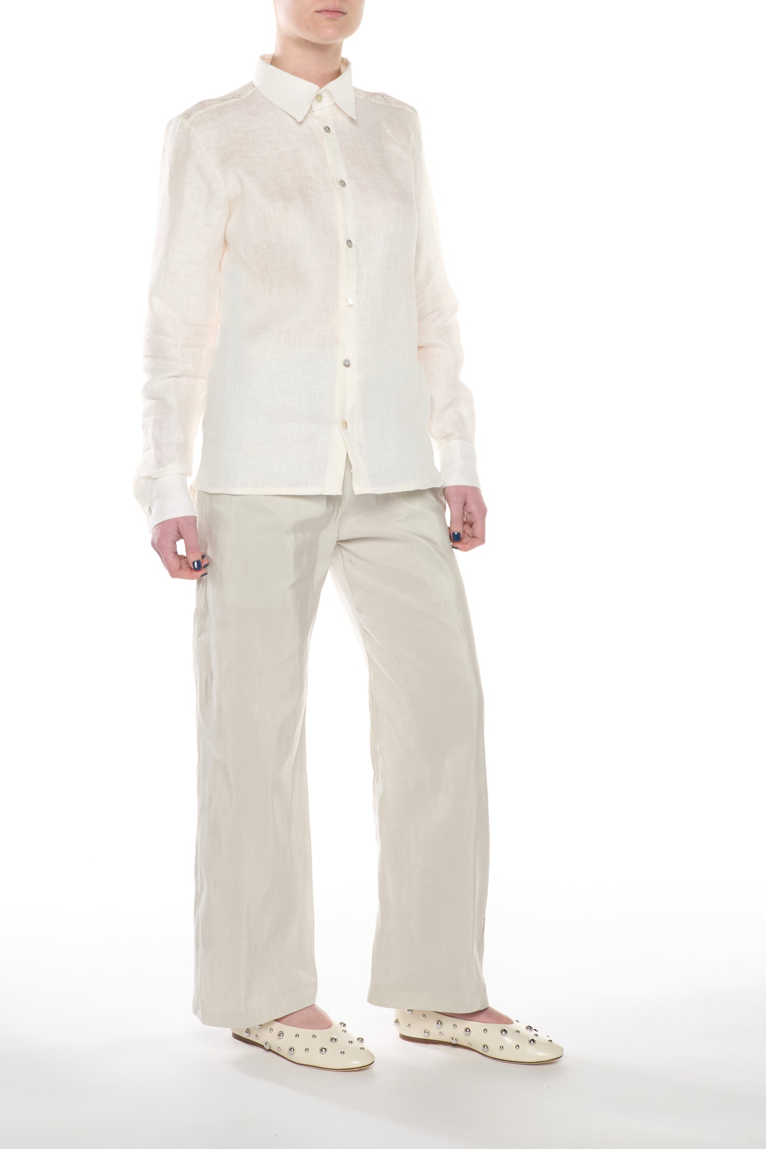 Camicia in Lino Burro con Retro in Pizzo a Rete Geometrica