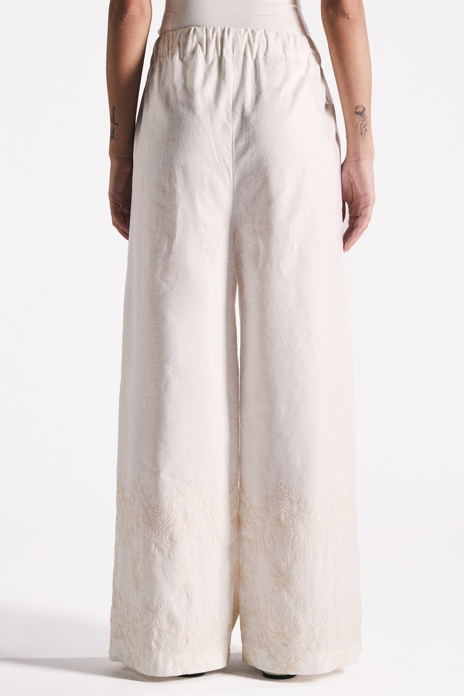 PANTALONE WIDE LEG LINO COTONE BURRO CON RICAMO