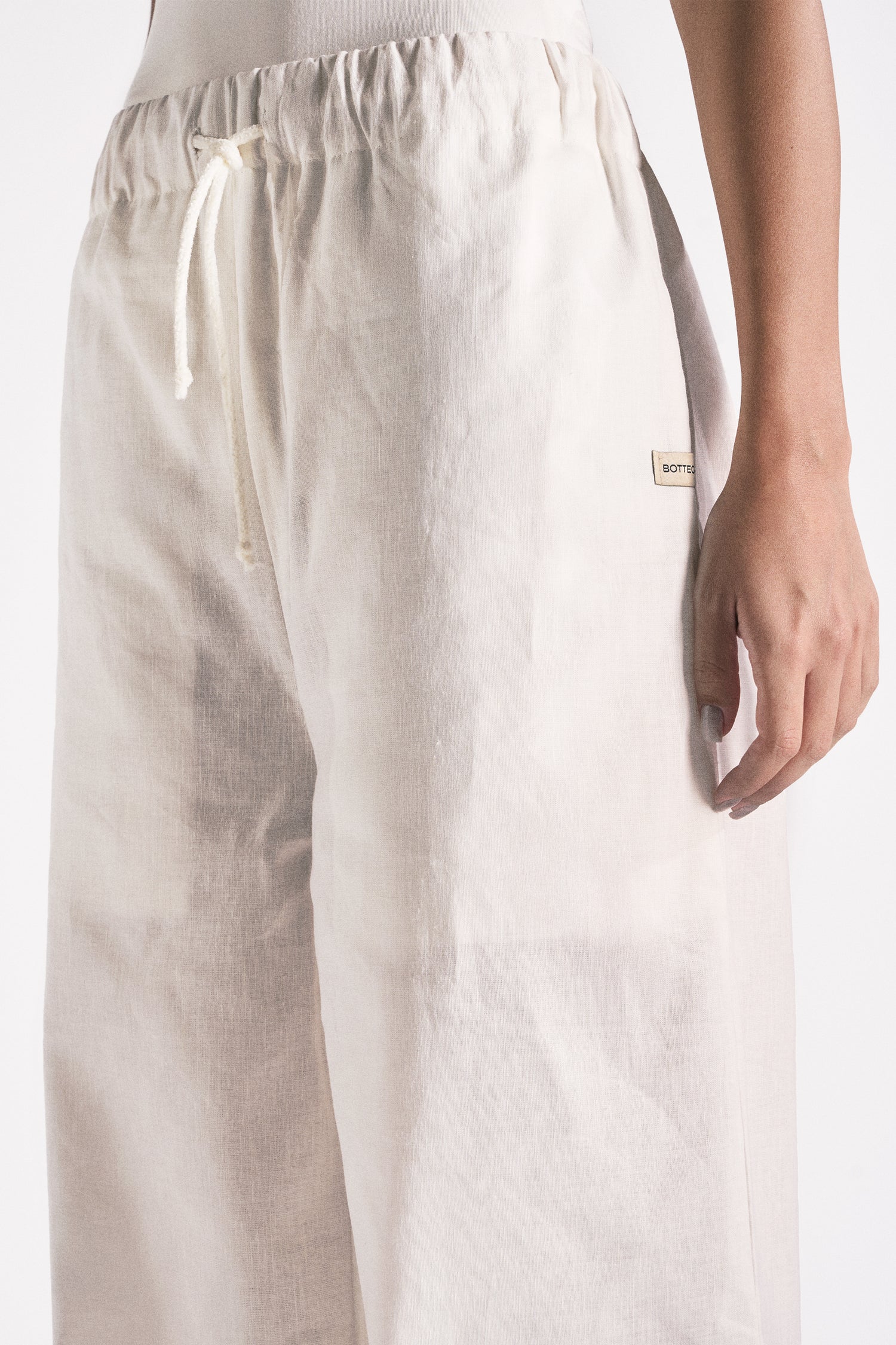 PANTALONE WIDE LEG LINO COTONE BURRO CON RICAMO