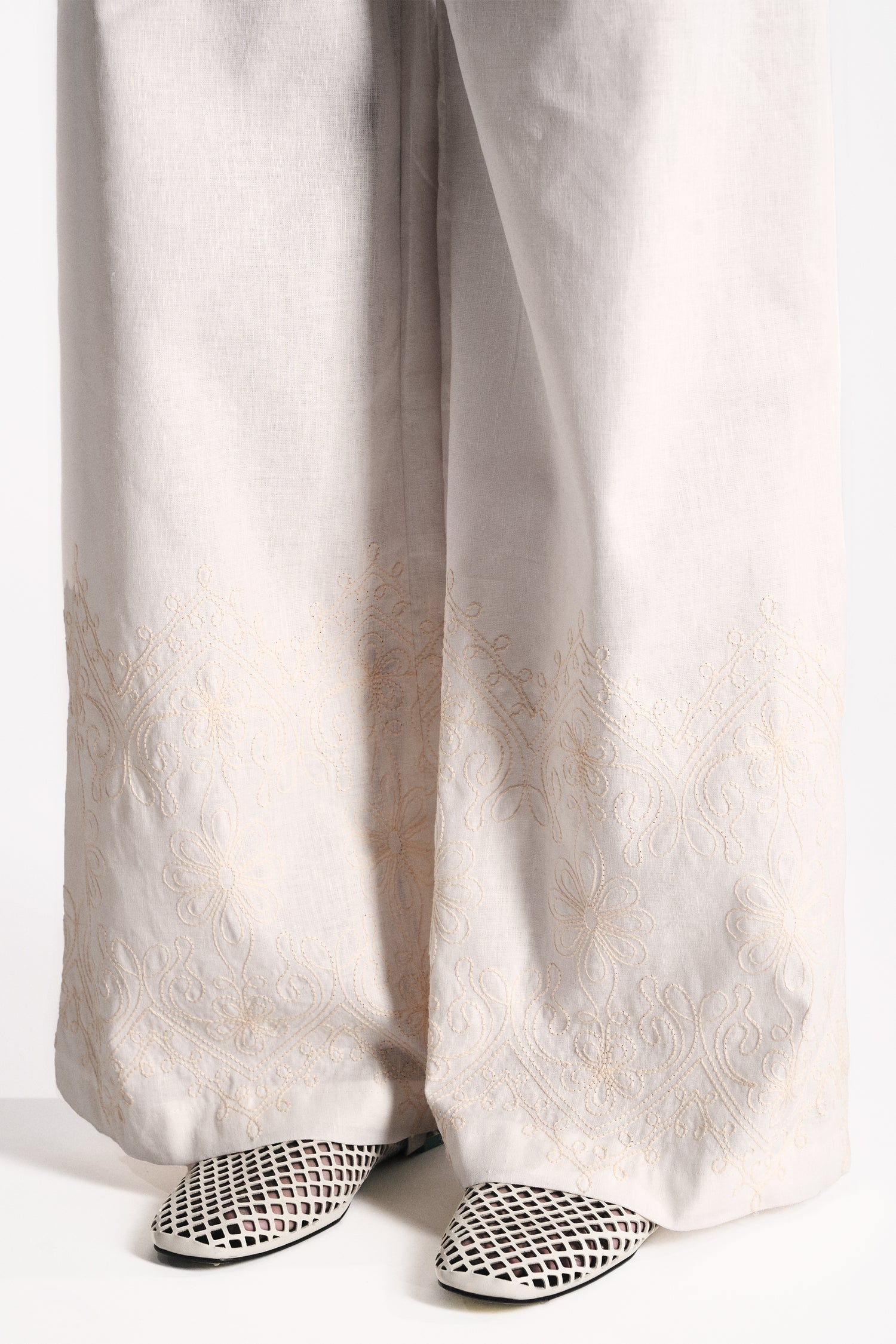 PANTALONE WIDE LEG LINO COTONE BURRO CON RICAMO