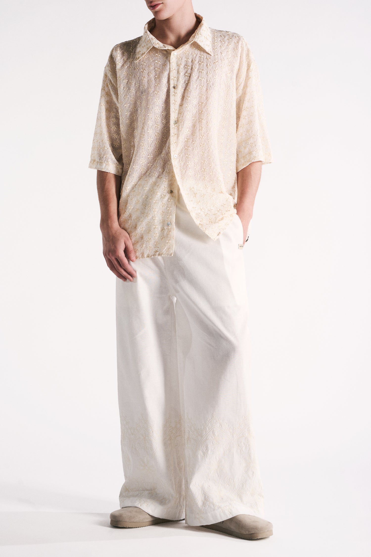PANTALONE WIDE LEG LINO COTONE BURRO CON RICAMO