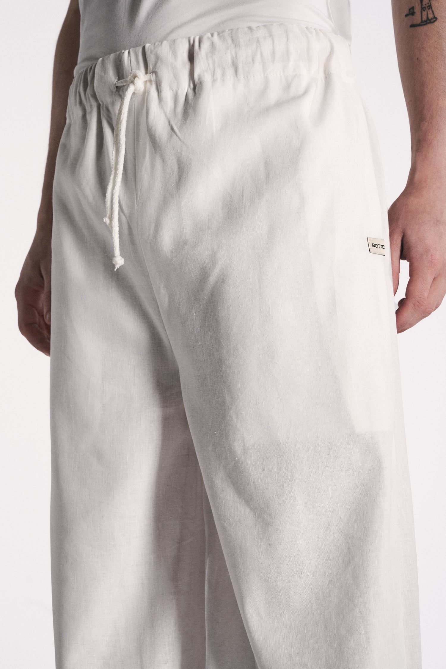 PANTALONE WIDE LEG LINO COTONE BURRO CON RICAMO