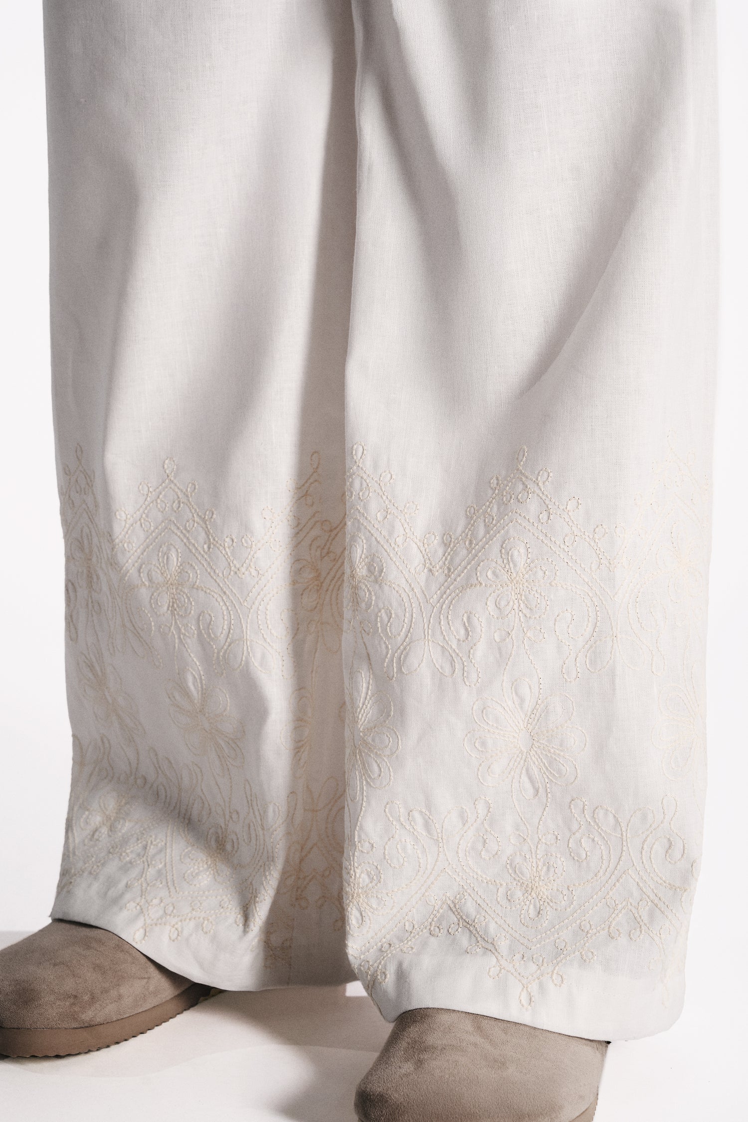 PANTALONE WIDE LEG LINO COTONE BURRO CON RICAMO